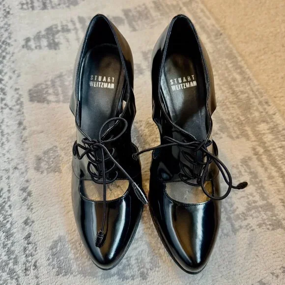 Stuart Weitzman Black Patent Leather T Strap Oxford Wood Heels - Picture 5 of 14